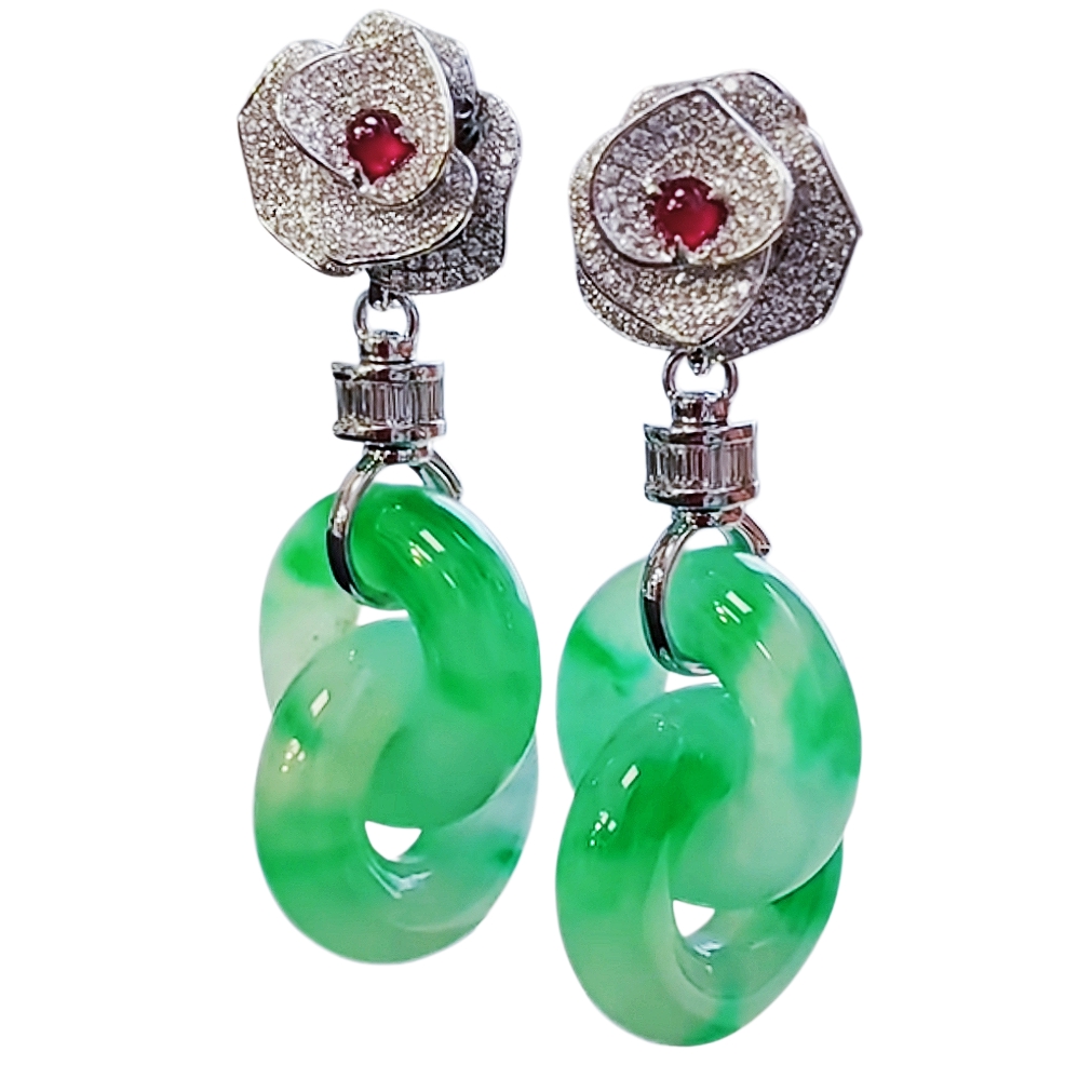 緬甸翡翠A玉陽綠雙環吊墜Burmese Jadeite Jade Apple Green Double Hoop Earrings 18k Gold & Diamonds