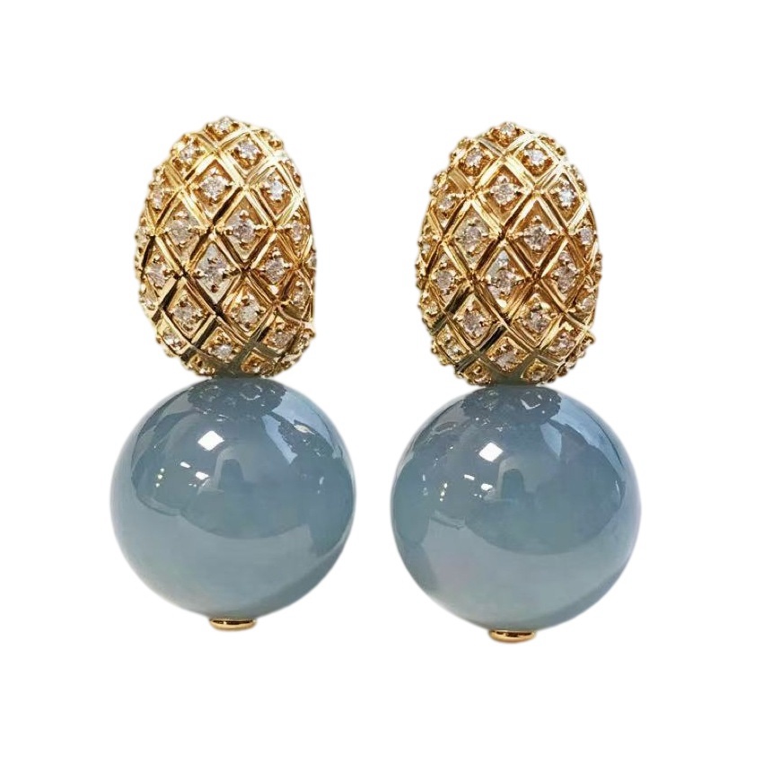 緬甸翡翠A玉冰深藍圓珠耳環Burmese Jadeite Jade Blue Lavender Bead Earrings 18K Gold & Diamonds
