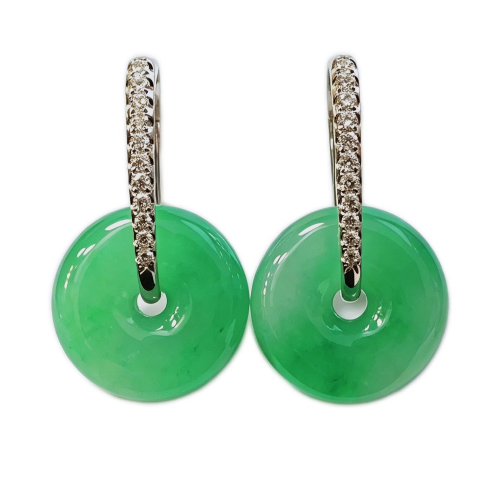 緬甸翡翠A玉蘋果綠平安扣耳環Burmese Jadeite Jade Apple Green Donut Earrings 18K Gold Diamonds