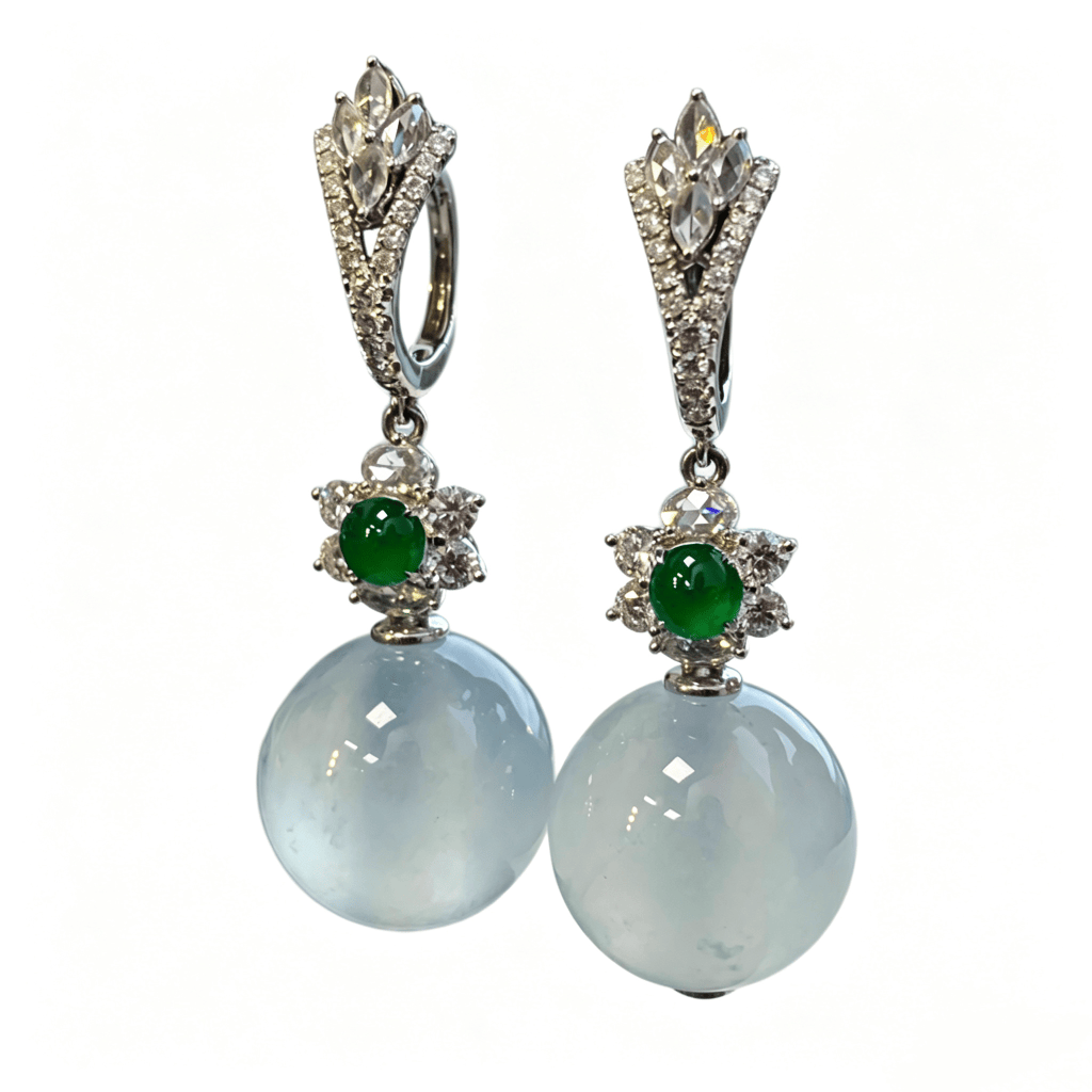 緬甸翡翠A玉冰珠耳環 Burmese Jadeite Jade Icy Bead Earrings 18K & Diamonds