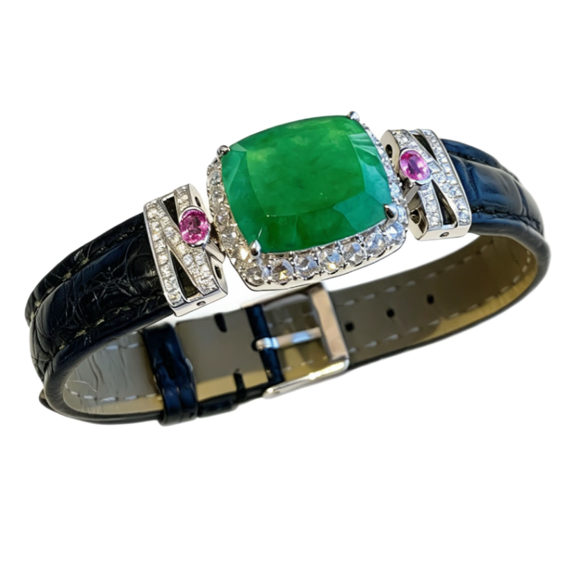 緬甸翡翠A玉方型手牌Burmese Jadeite Jade Plaque Bracelet 18k Gold  Sapphire & Diamonds